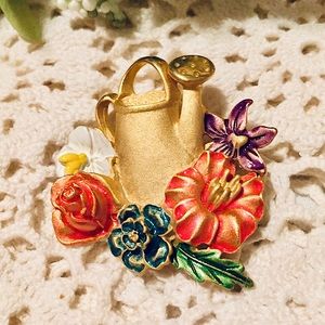 🌸Vintage Painted Flower & Gold Flower Pot Brooch